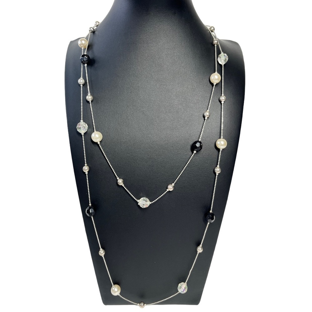Silver Rope Single or Double Chain Station Crystal Bead Necklace 53"